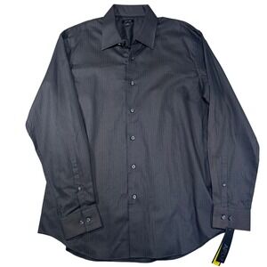 APT 9 Mens Modern Fit Long Sleeve Dress Shirt Gray Striped 100% Cotton Size L